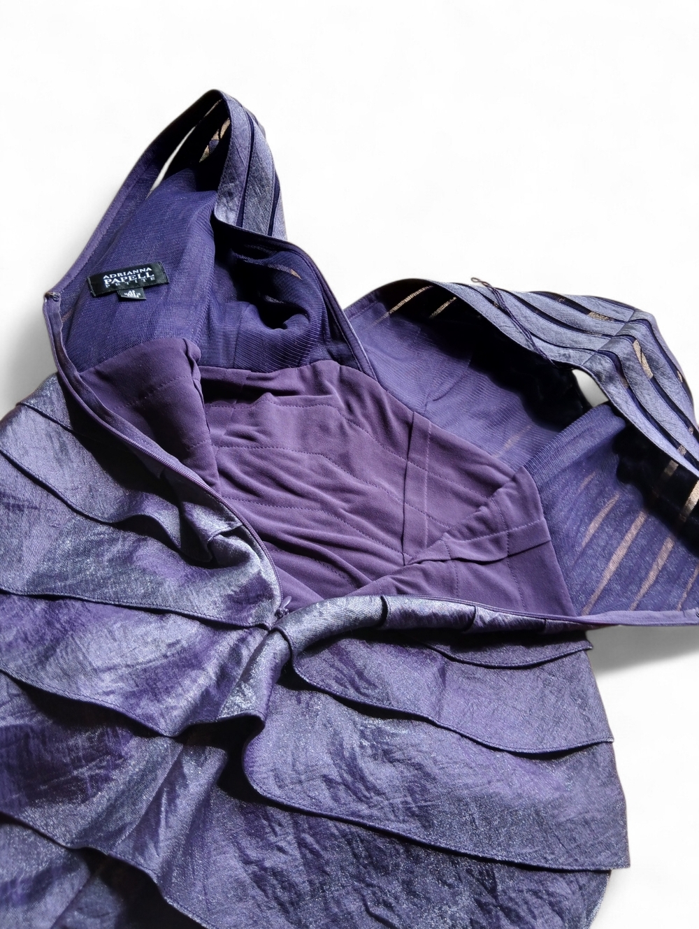 Adrianna Papell Size 4P Shimmery Violet Tiered V-Neck Dress - Picture 6 of 7
